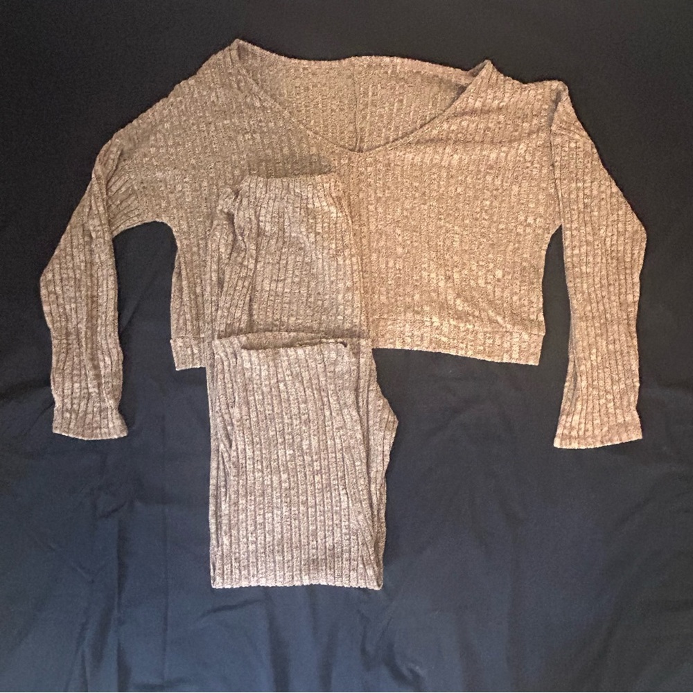 Cozy Maternity Cropped Ribbed Knit Sweater and Pants Pajama Set in Beige